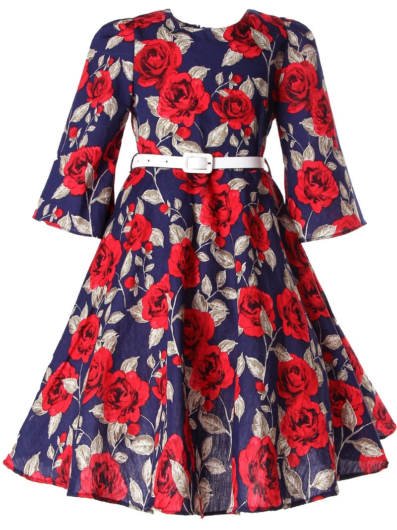 Bonny Billy Little Girls Dresses for Baby Casual Outfits with Belt 3-4 Years Floral Red - Image 1
